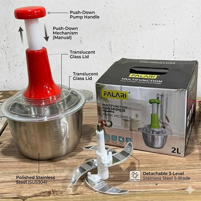 Large 2L Bowl Effortless Vegetable Chopper & Meat Mincer – Manual Hand-Press Food Processor for Fruits, Herbs, Garlic, and Onions (Random Color)