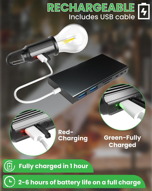 T01 Rechargeable Camping Bulb – 3-Gear Vintage LED Emergency Lamp with Carabiner Hook & Type-C Charging