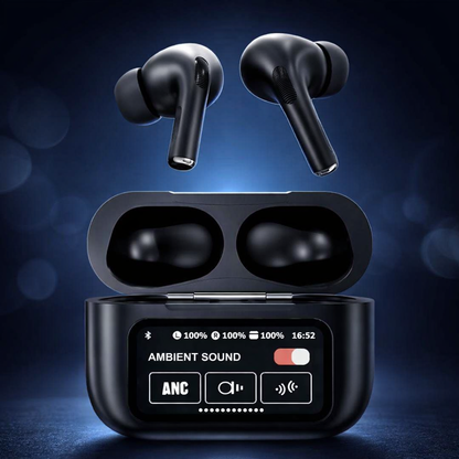 AirPods X Digital Touch Screen Wireless Earbuds – Black Edition | Smart Display Charging Case | Bluetooth Earphones | Touch Control