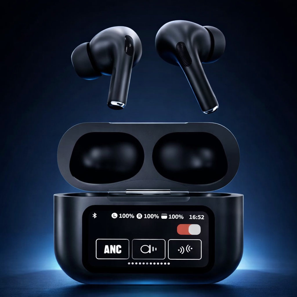AirPods X Digital Touch Screen Wireless Earbuds – Black Edition | Smart Display Charging Case | Bluetooth Earphones | Touch Control