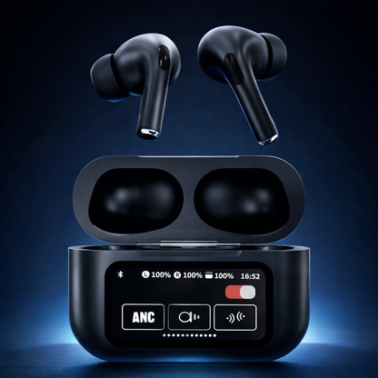 AirPods X Digital Touch Screen Wireless Earbuds – Black Edition | Smart Display Charging Case | Bluetooth Earphones | Touch Control